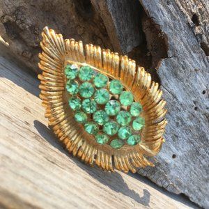 Vintage Mid Century Pale Green Rhinestone Gold Leaf Pin Brooch
